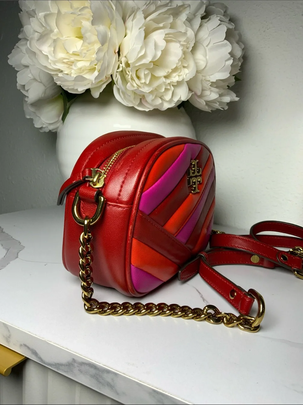 Tory Burch Red, Pink & Orange Quilted Leather Crossbody Camera Bag